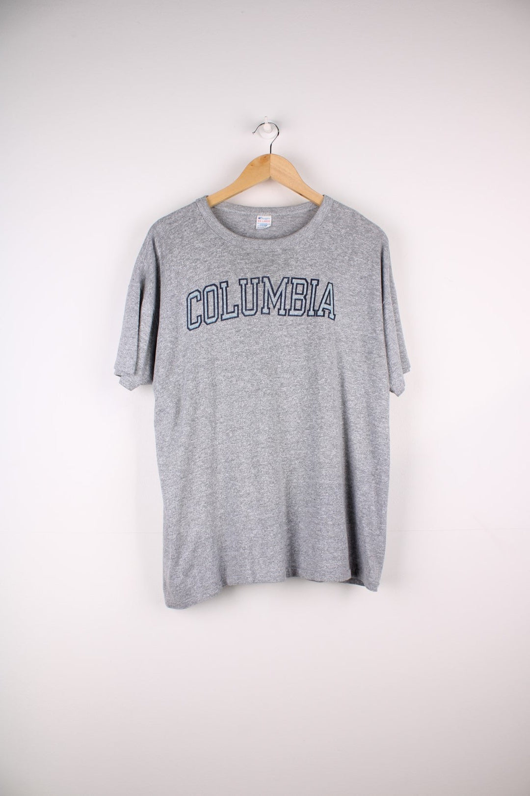 Vintage 1980s single stitch Champion T-Shirt in a grey colourway with Columbia printed on the front. 