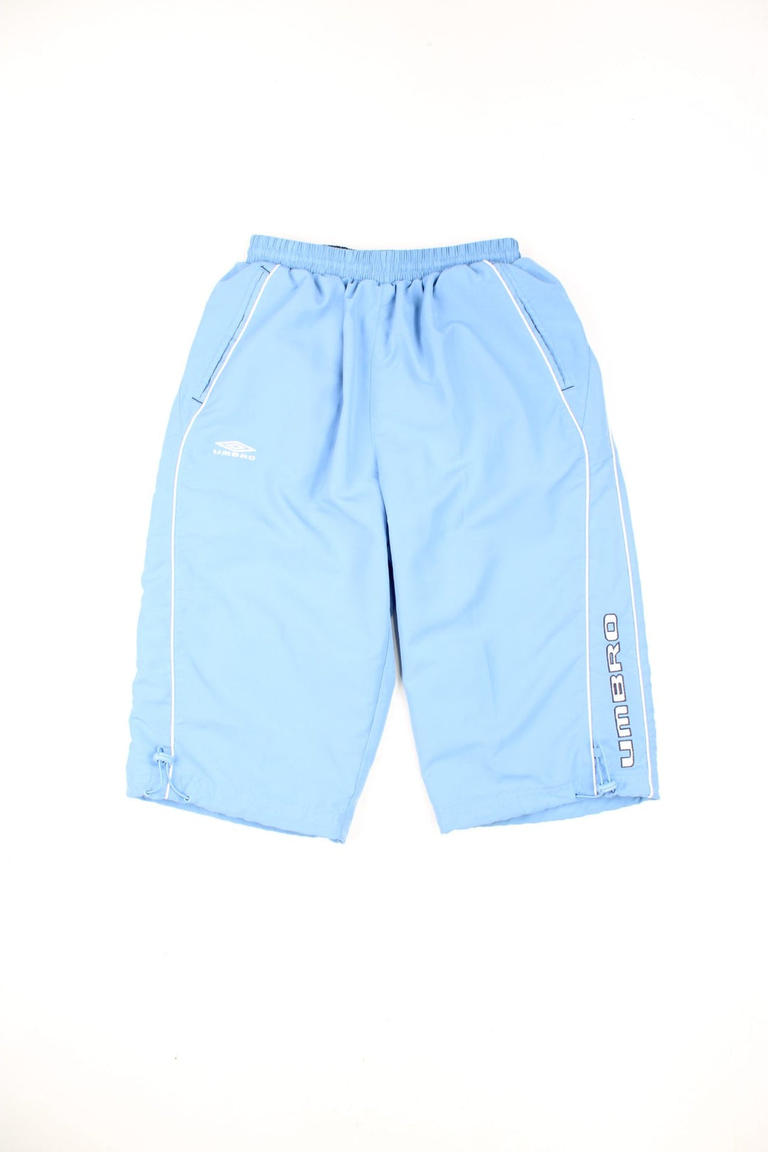 Blue Umbro 3/4 length/capri shorts. Features embroidered logo and toggle drawstring on each leg.