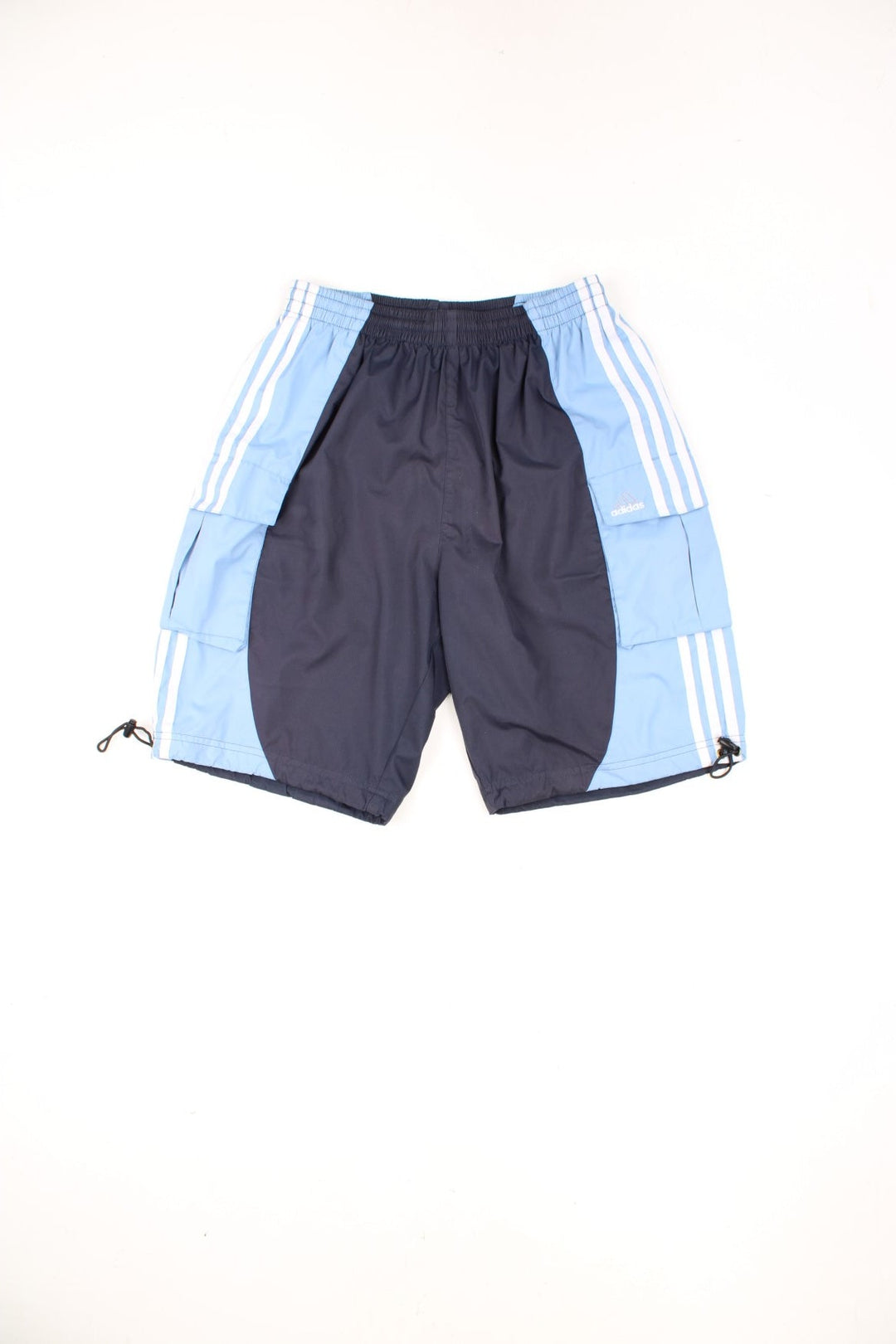 Blue Adidas shorts with drawstring waist and toggle pull on each leg. Features embroidered logo, signature three stripes down each leg and 2 pockets. 