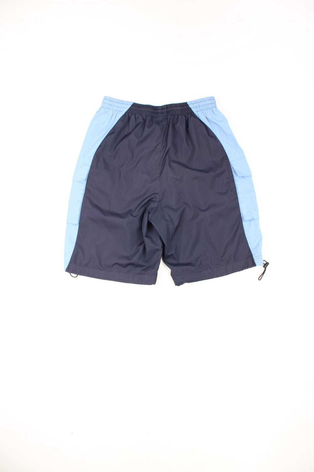 Blue Adidas shorts with drawstring waist and toggle pull on each leg. Features embroidered logo, signature three stripes down each leg and 2 pockets. 