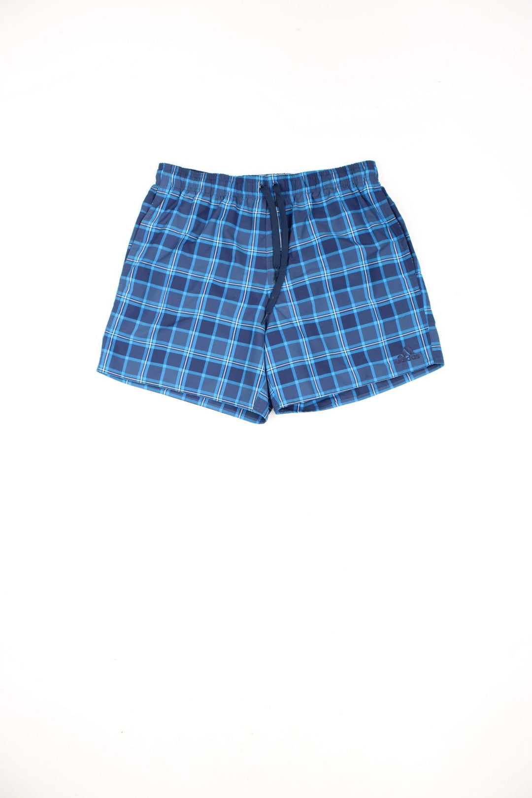 Blue Adidas checked swim shorts with drawstring waist and embroidered logo on the leg.