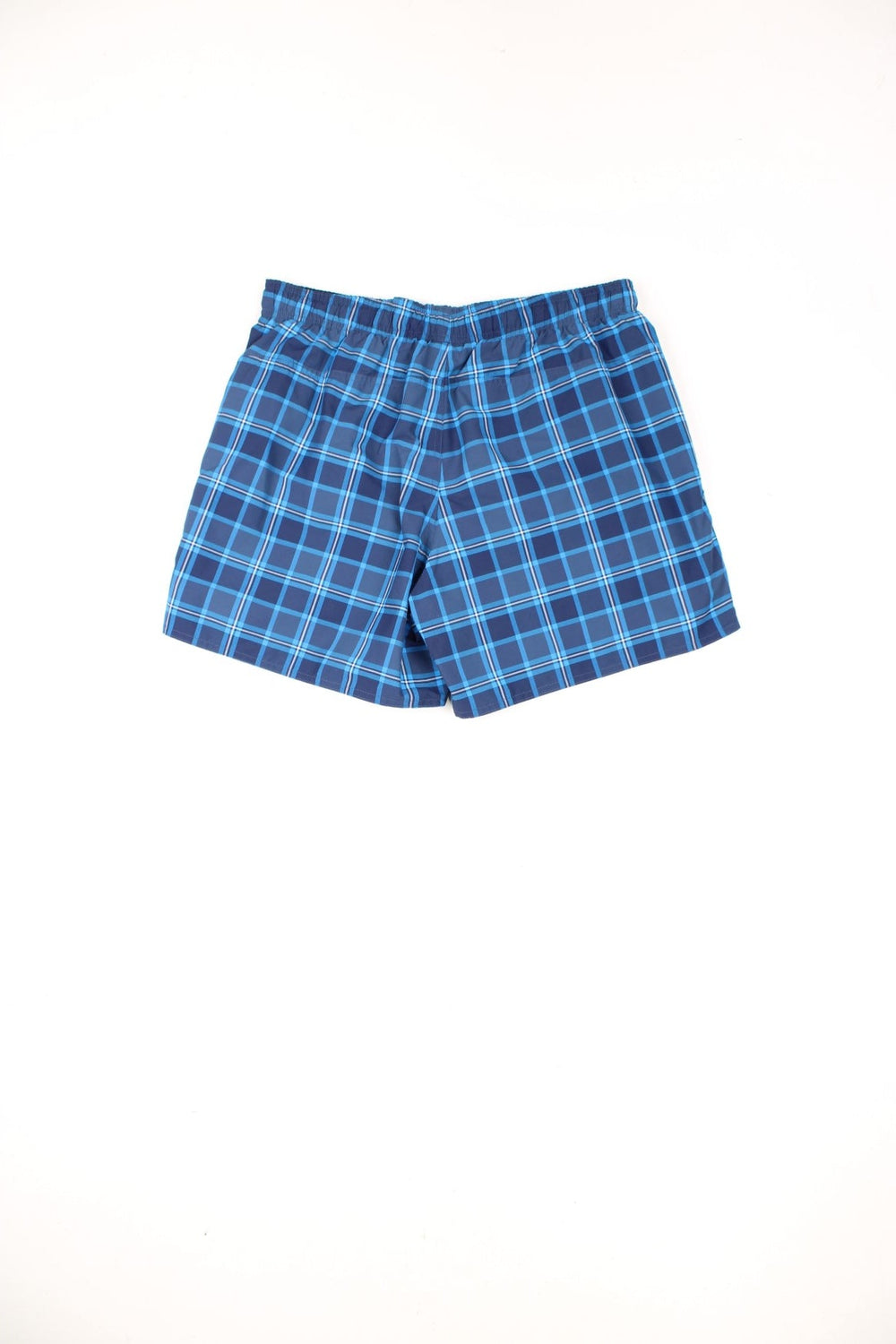 Blue Adidas checked swim shorts with drawstring waist and embroidered logo on the leg.