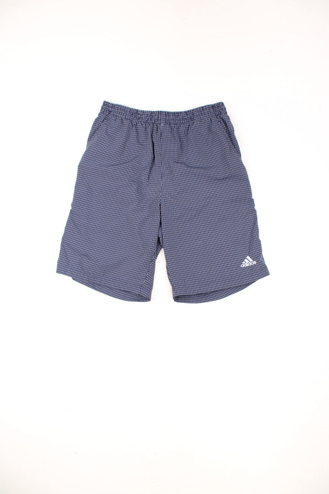 Blue and white Adidas swim shorts with drawstring waist and embroidered logo on the leg.