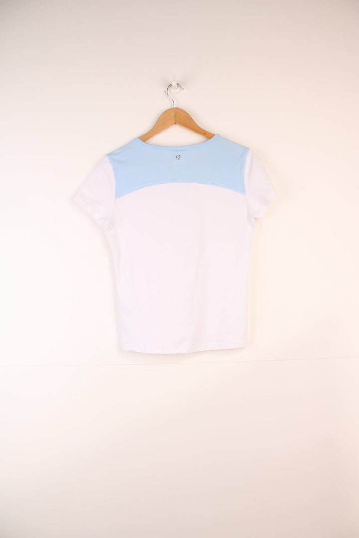 Adidas Top in a white and blue colourway, v neck, and has the logo embroidered on the front and back.