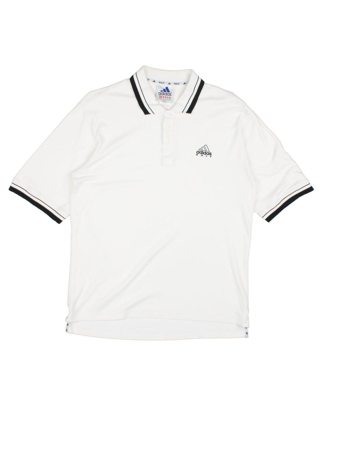 Adidas Golf Polo Shirt in a white and black colourway with a button up collar and the logo embroidered on the front and back.