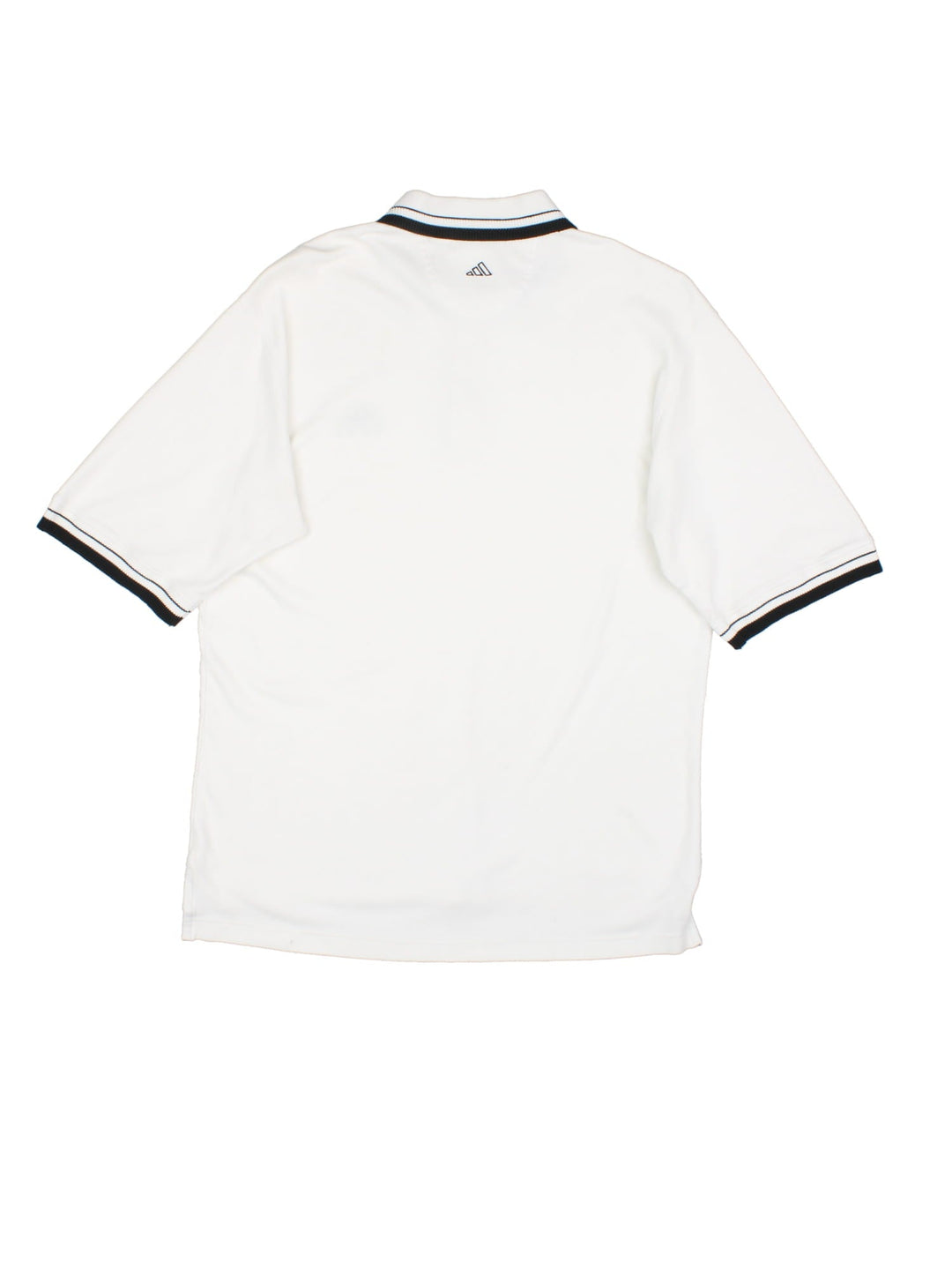 Adidas Golf Polo Shirt in a white and black colourway with a button up collar and the logo embroidered on the front and back.