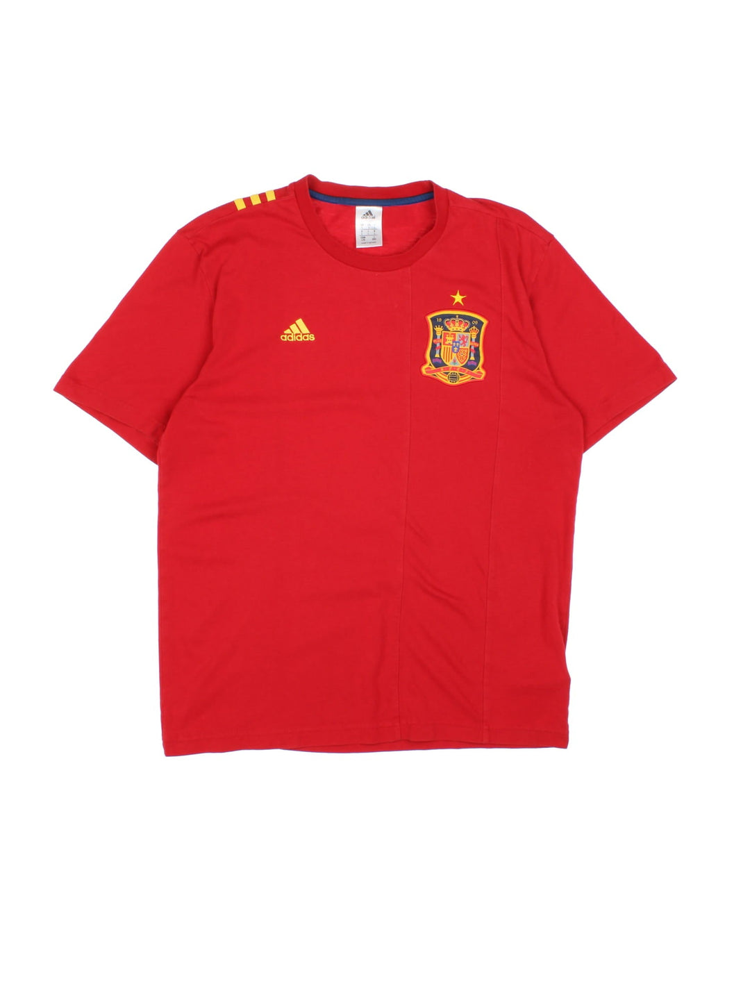 Adidas Spain Football T-Shirt in a red colourway with the logos embroidered on the front and on the back the three iconic stripes.