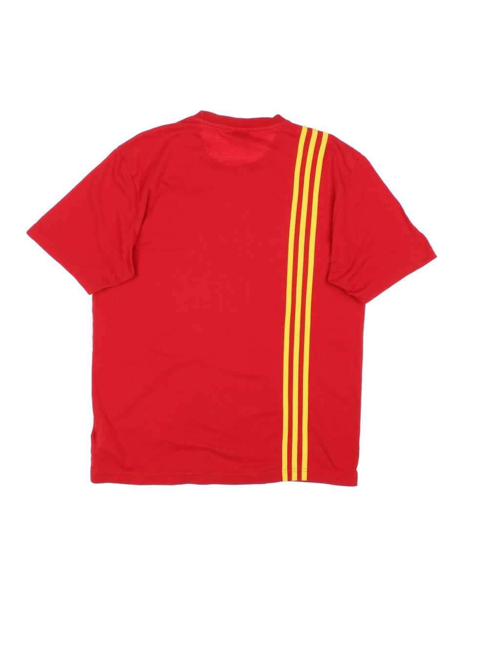 Adidas Spain Football T-Shirt in a red colourway with the logos embroidered on the front and on the back the three iconic stripes.