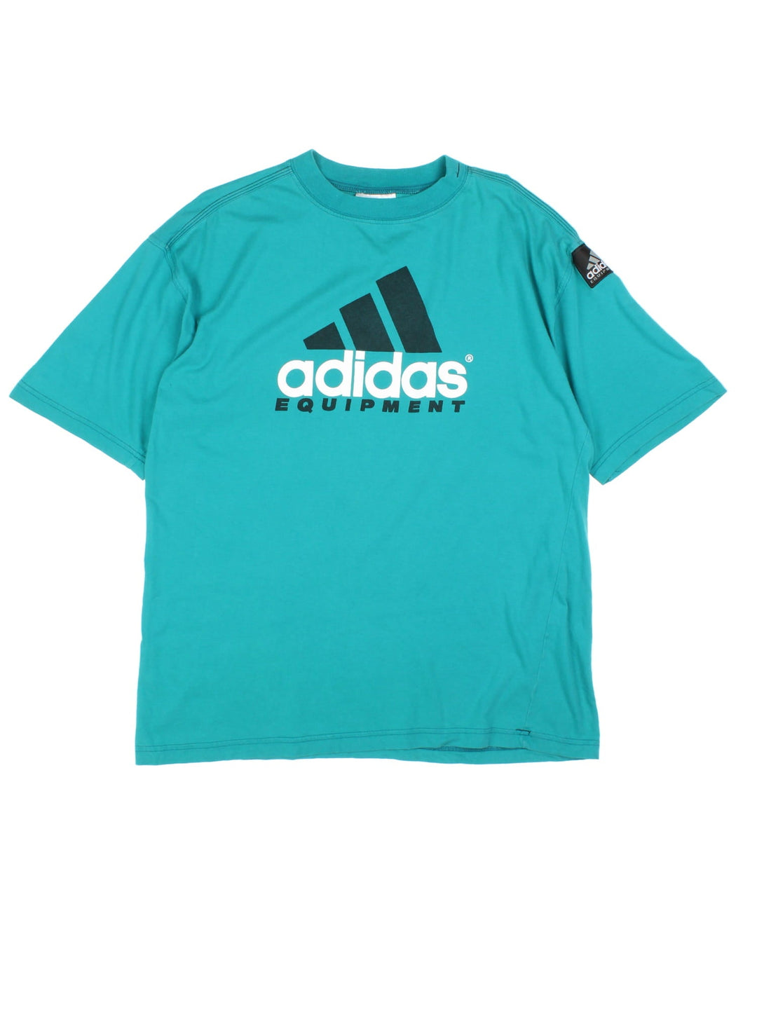 Vintage Adidas Equipment T-Shirt in a turquoise blue colourway with the logo and spell out printed on the front and embroidered logo on the left sleeve.