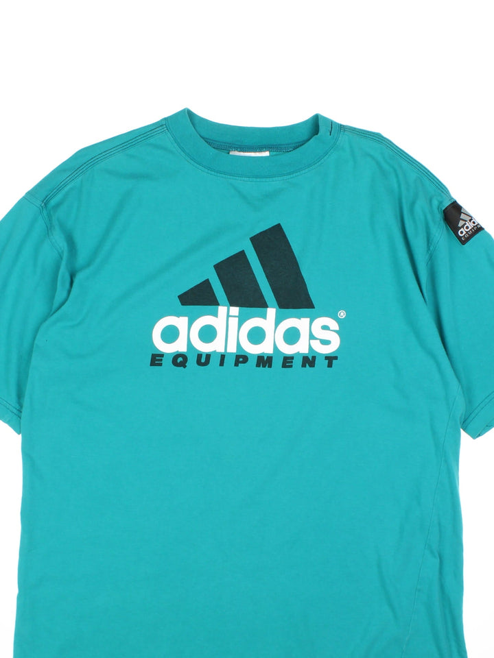 Vintage Adidas Equipment T-Shirt in a turquoise blue colourway with the logo and spell out printed on the front and embroidered logo on the left sleeve.