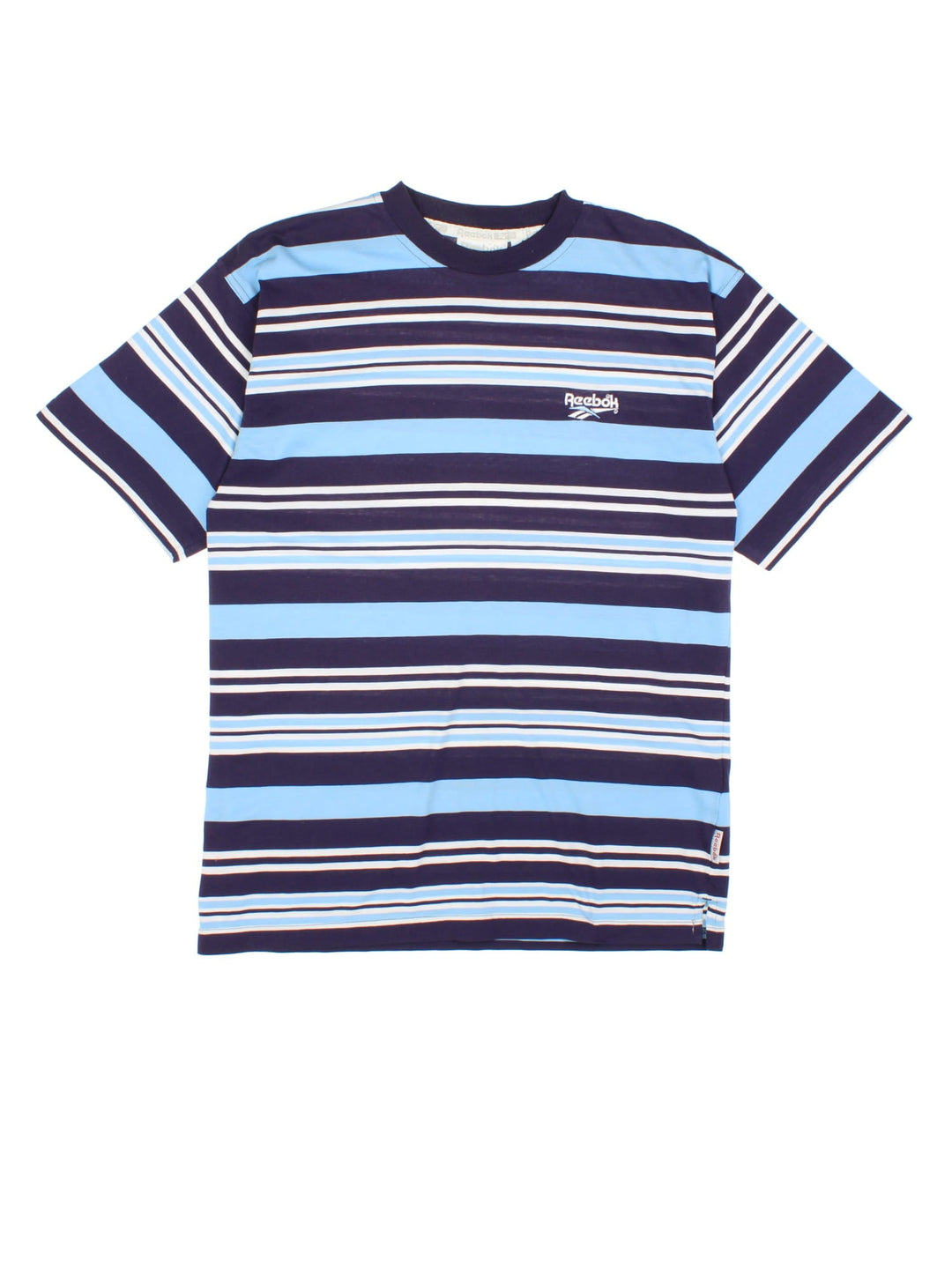 Vintage Reebok T-Shirt in a blue and white striped colourway with the logo embroidered on the front.