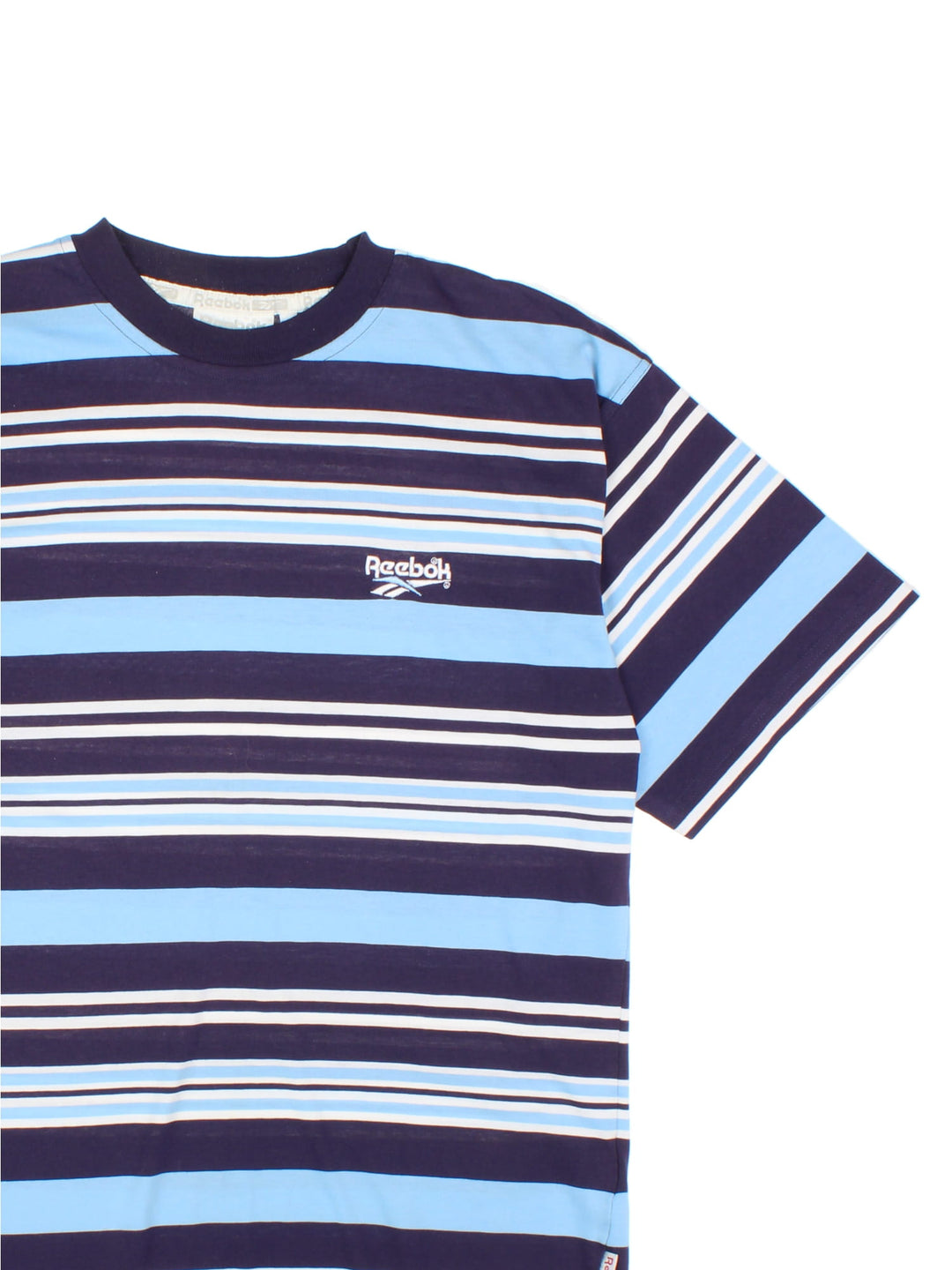 Vintage Reebok T-Shirt in a blue and white striped colourway with the logo embroidered on the front.