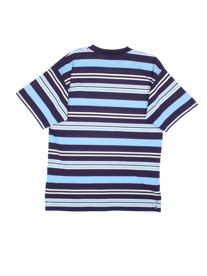 Vintage Reebok T-Shirt in a blue and white striped colourway with the logo embroidered on the front.