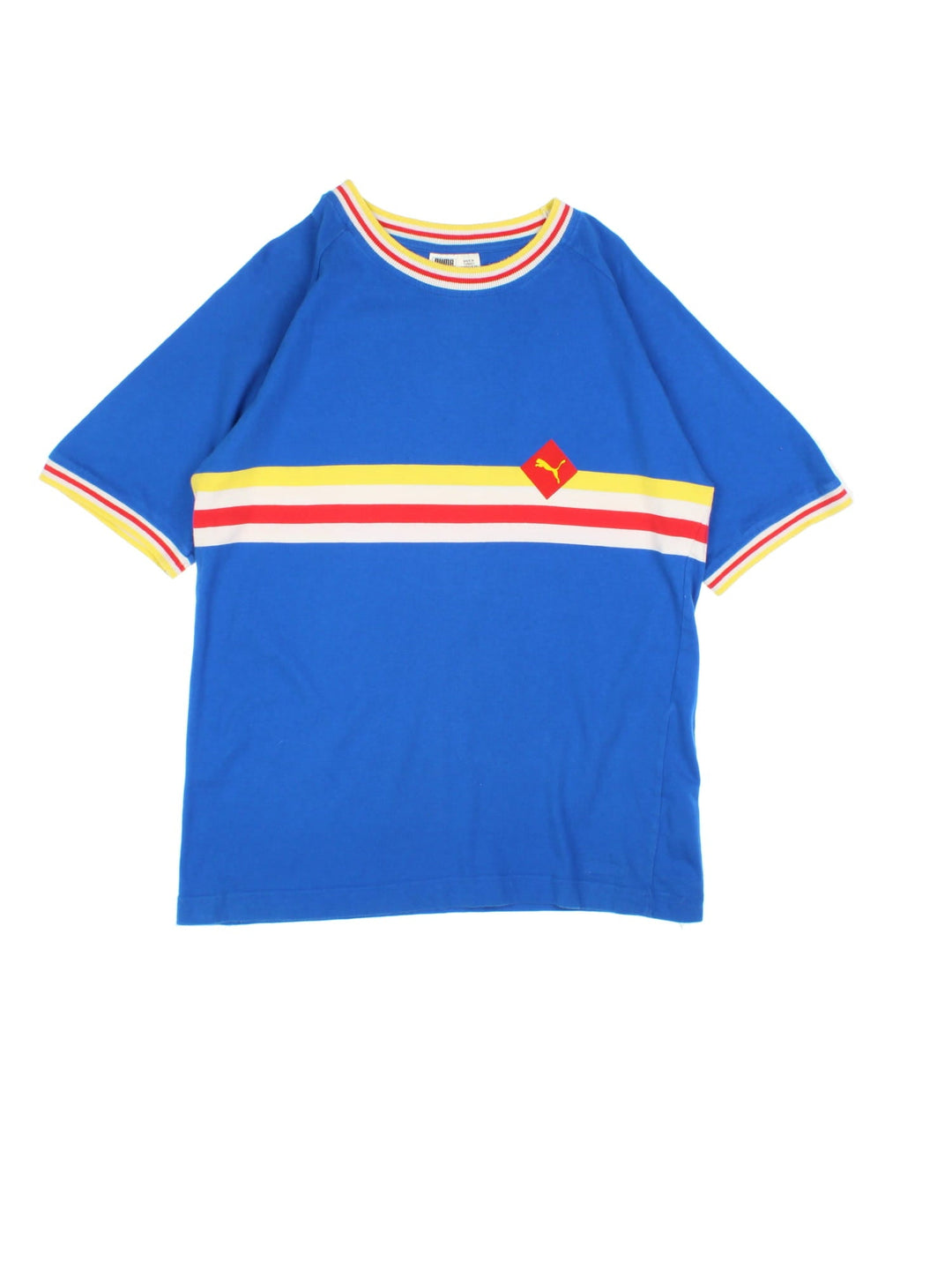 Vintage Puma T-Shirt in a blue, yellow, white and red striped colourway with the logo printed on the front.