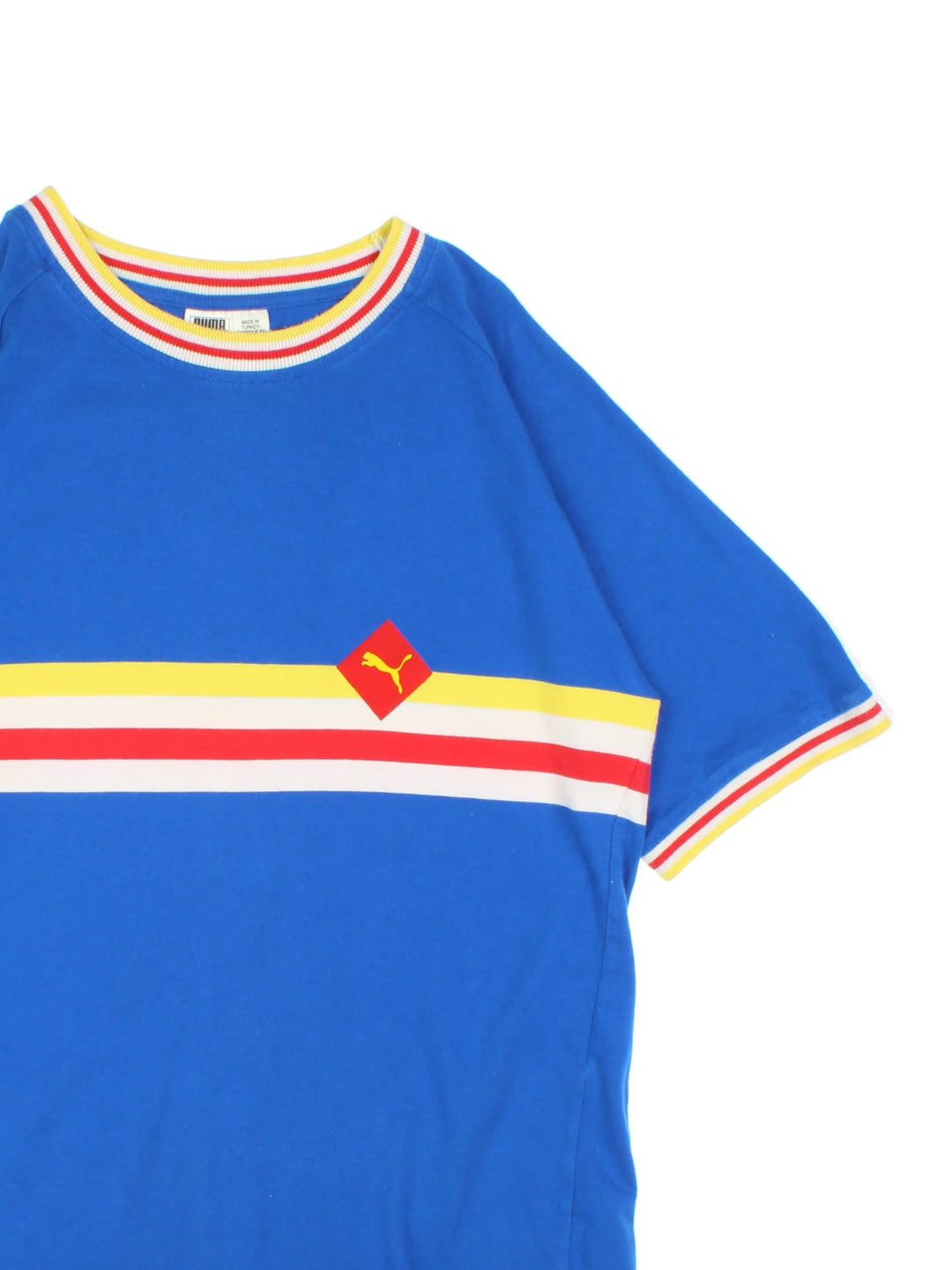 Vintage Puma T-Shirt in a blue, yellow, white and red striped colourway with the logo printed on the front.