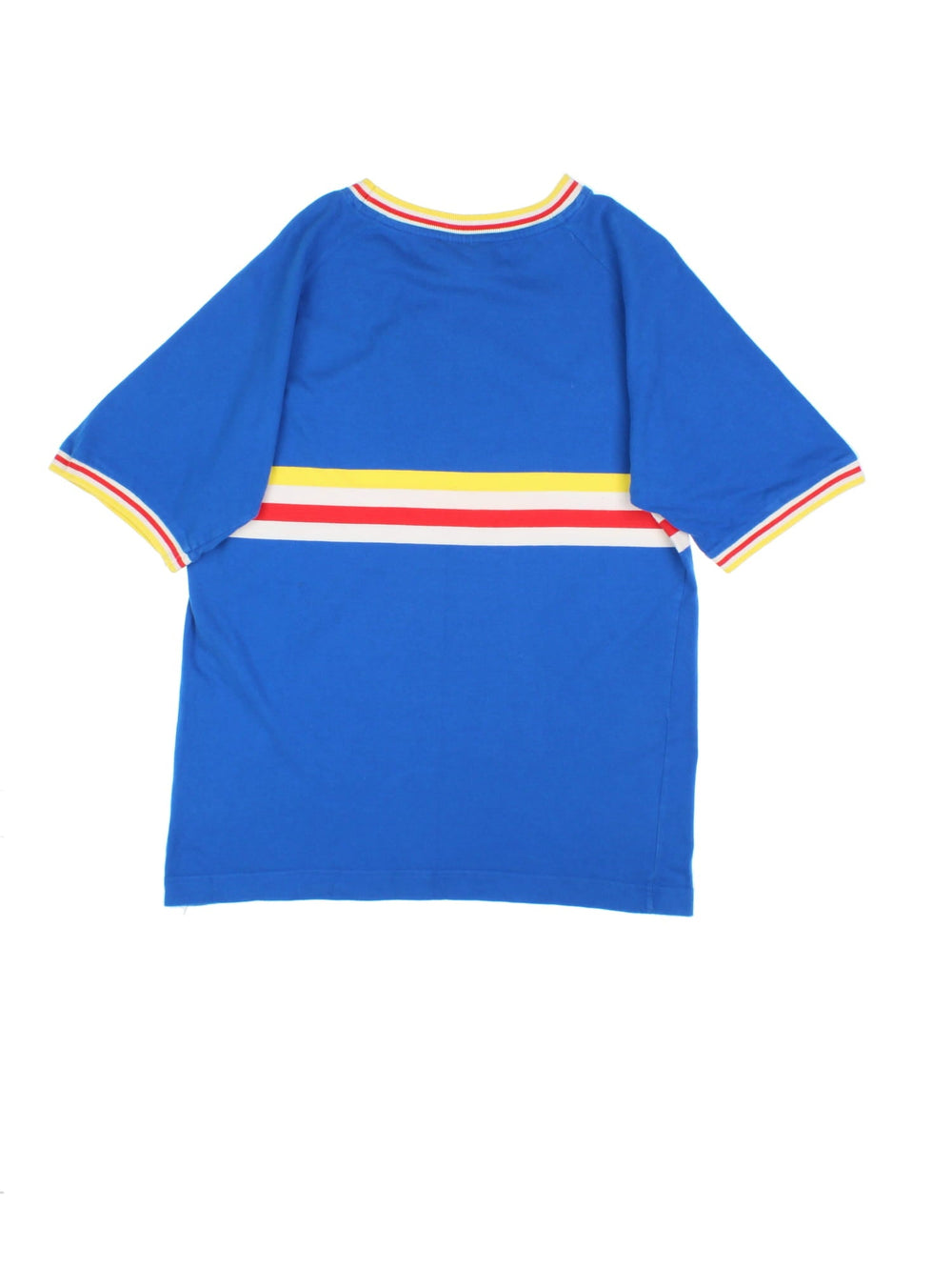 Vintage Puma T-Shirt in a blue, yellow, white and red striped colourway with the logo printed on the front.