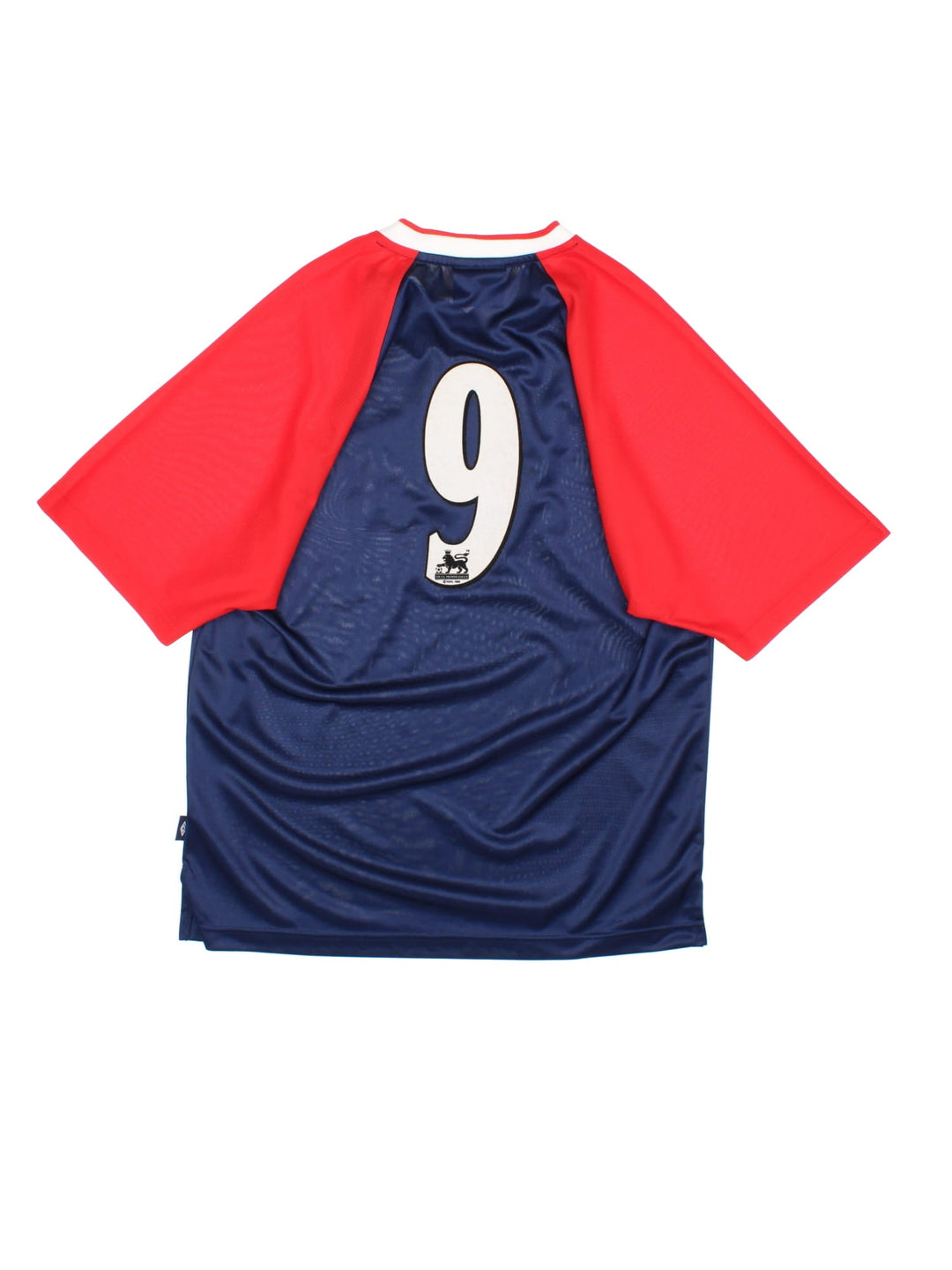 Vintage 90's Umbro Training Top in a blue and red colourway, v neck collar, has the logo and spell out embroidered on the front and on the back number 9 printed.