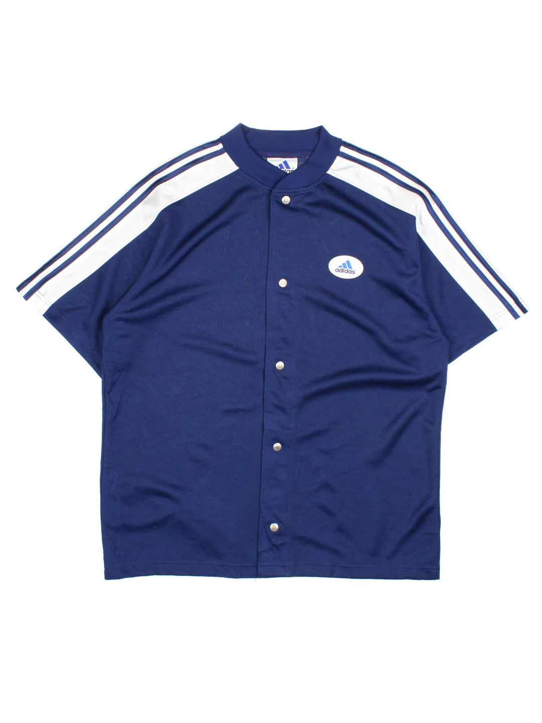 Vintage Adidas Snap Shooting Basketball Shirt in a blue and white colourway, snap button up, and has the logo badge embroidered on the front.