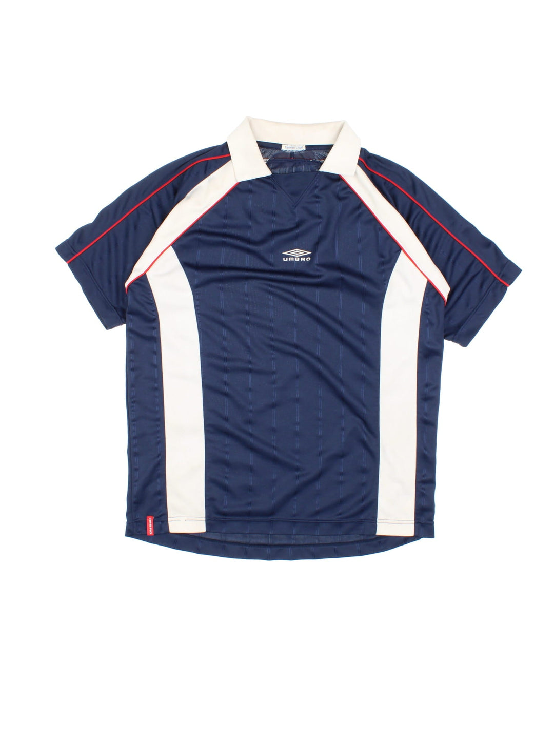 Vintage Y2K Umbro Training Top in a blue and white colourway, has a collar and the logo embroidered on the front.