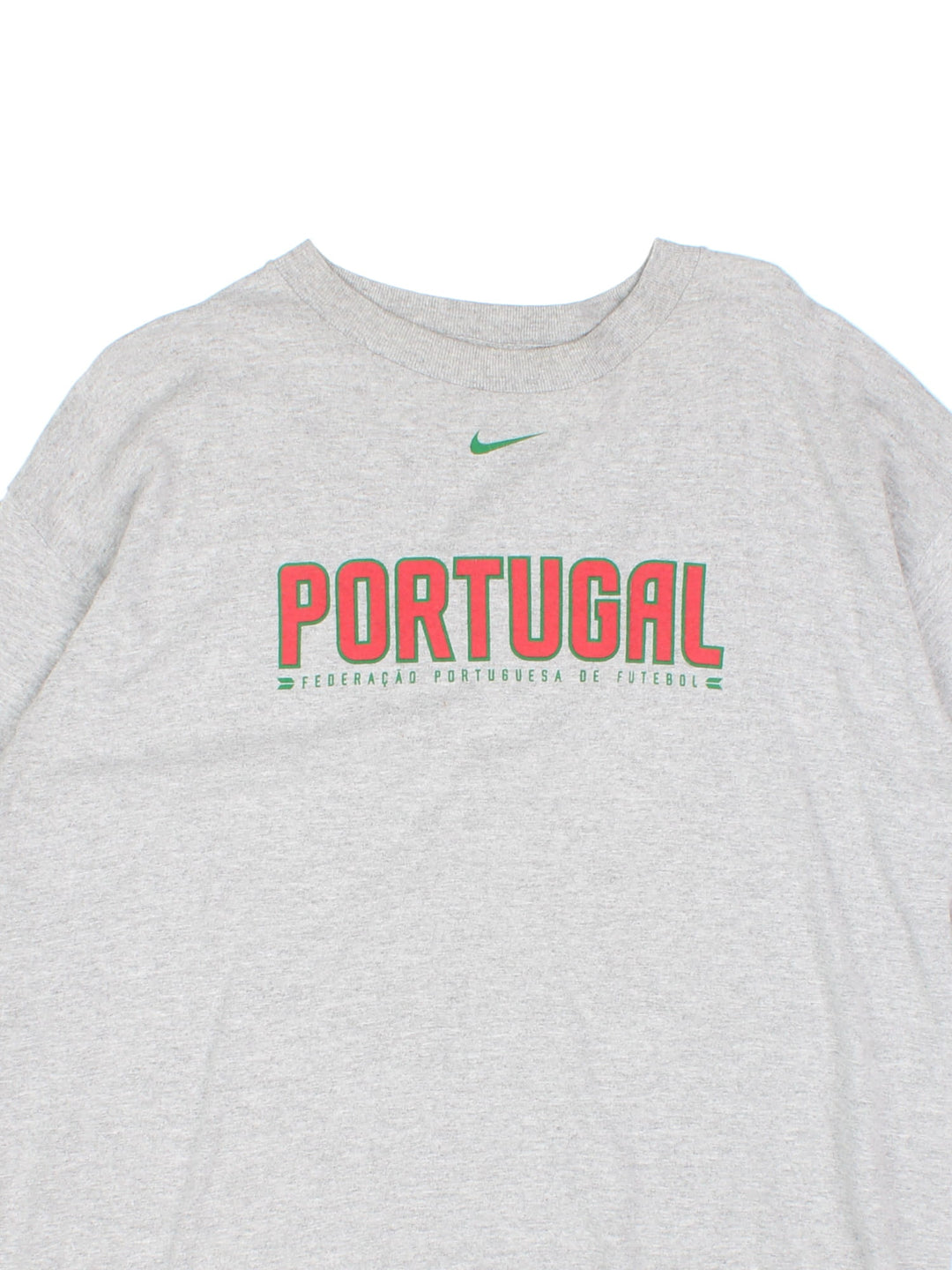 Y2K Nike Portugal Football Longsleeve T-Shirt in a grey colourway with the spell out and logo printed on the front and down the left sleeve.