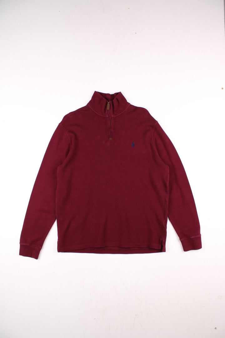 Polo Ralph Lauren 1/4 zip jumper in dark red with a leather zip pull and an embroidered logo in navy blue.