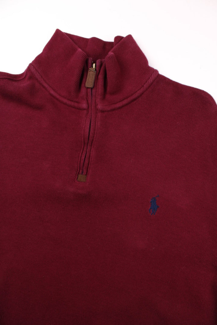 Polo Ralph Lauren 1/4 zip jumper in dark red with a leather zip pull and an embroidered logo in navy blue.