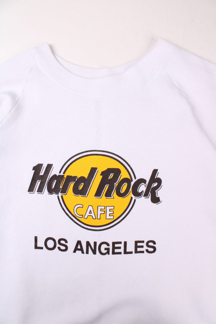 Hard Rock Cafe Los Angeles sweatshirt in white with printed logo graphic on the front in black and yellow.