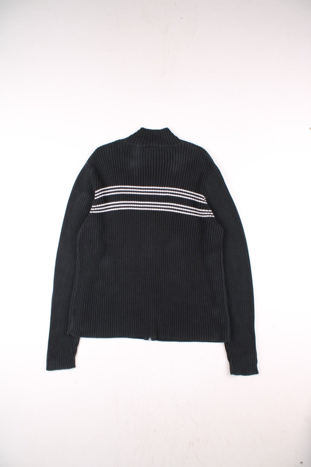 Ralph Lauren zip-through cardigan in black with white stripe detailing and a small embroidered 'RL' U.S. flag logo embroidered at the collar.