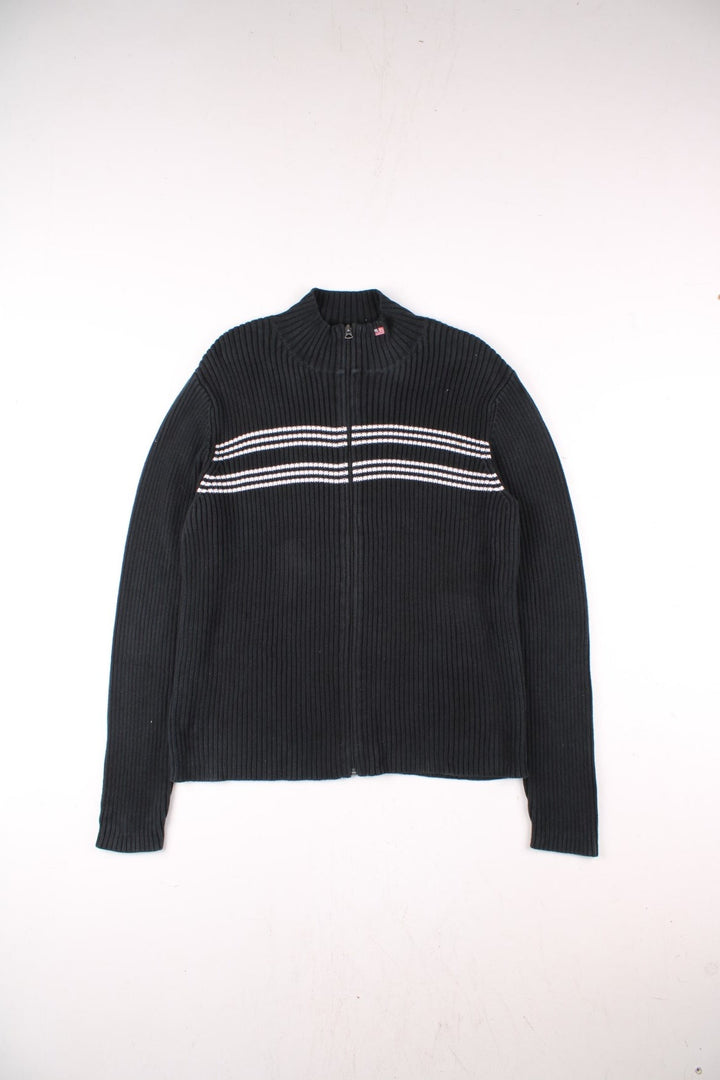 Ralph Lauren zip-through cardigan in black with white stripe detailing and a small embroidered 'RL' U.S. flag logo embroidered at the collar.