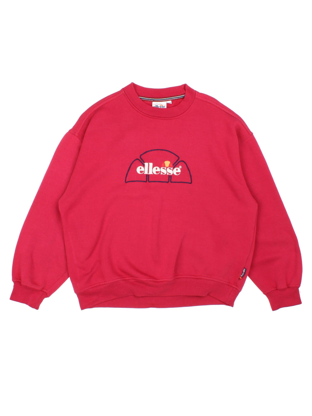 Vintage Y2K Ellesse Sweatshirt in a red colourway with a large logo embroidered on the centre front, and a small logo on the back collar. 