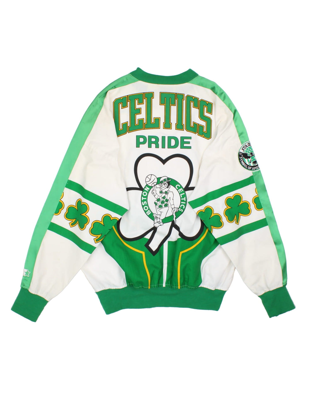 Vintage 1990s Starter Boston Celtics NBA Sweatshirt in a white and green colourway. The sweatshirt has a large graphic on the front, and back with a satin stripe down the arms and an embroidered starter patch on the sleeve. Features elasticated cuffs and hem and also has two side pockets. 