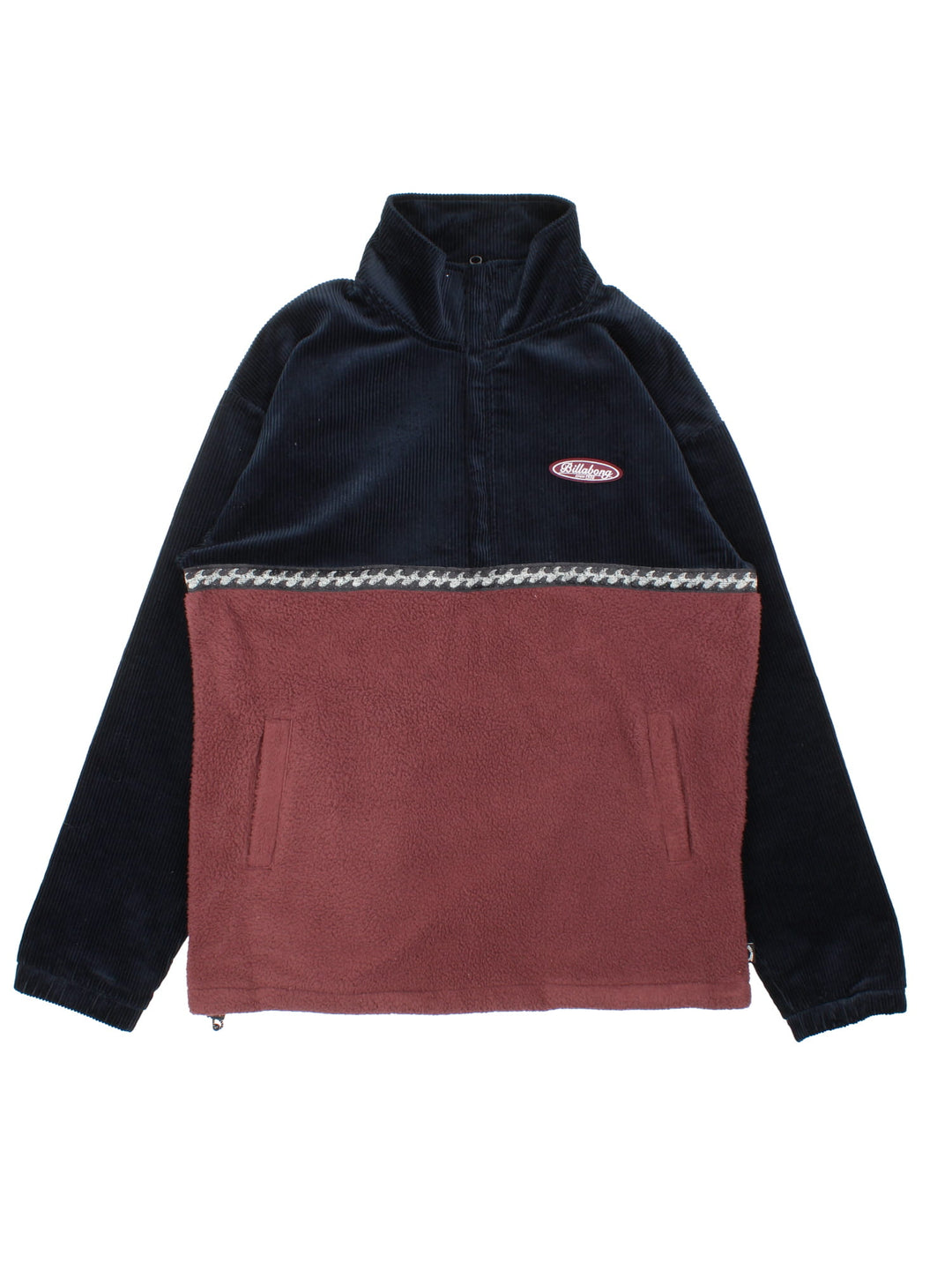 Billabong 1/4 Zip fleece in a navy blue and burgundy colourway. The fleece has a corduroy top half, also features a small logo stitched on the front and two zipable front pockets. 