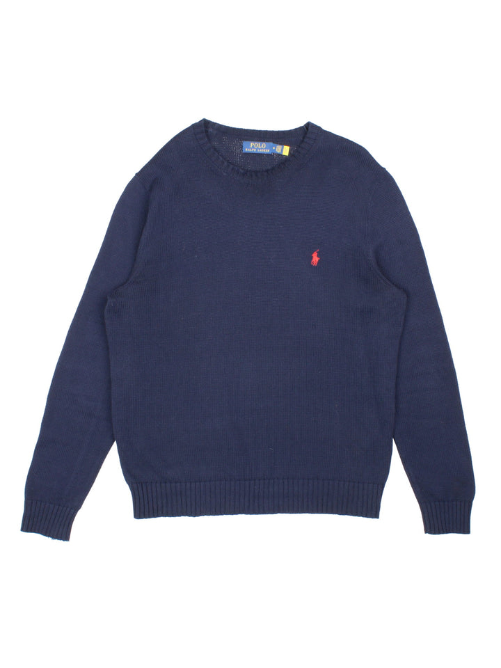 Ralph Lauren cotton knit in a navy blue colourway with a small logo embroidered on the front in red.