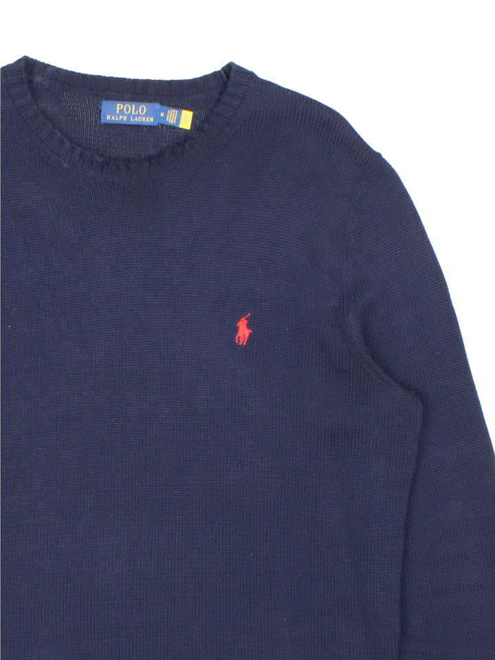 Ralph Lauren cotton knit in a navy blue colourway with a small logo embroidered on the front in red.