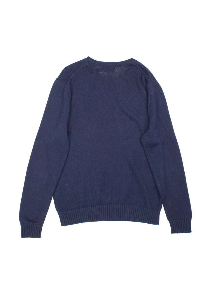 Ralph Lauren cotton knit in a navy blue colourway with a small logo embroidered on the front in red.