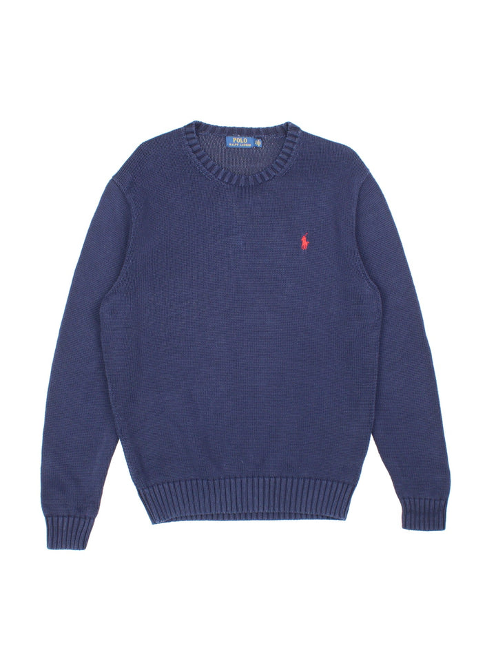 Ralph Lauren cotton knit in a navy blue colourway with a small logo embroidered on the front in red.