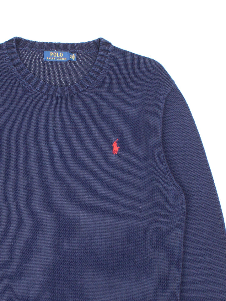 Ralph Lauren cotton knit in a navy blue colourway with a small logo embroidered on the front in red.