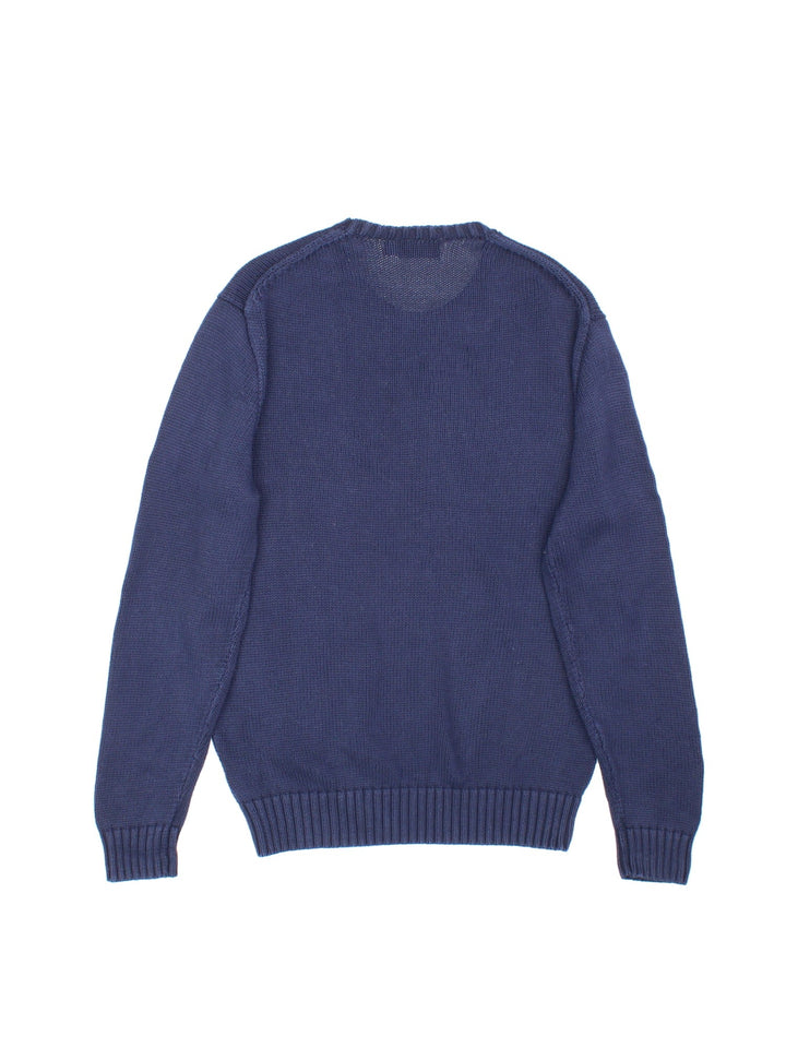 Ralph Lauren cotton knit in a navy blue colourway with a small logo embroidered on the front in red.