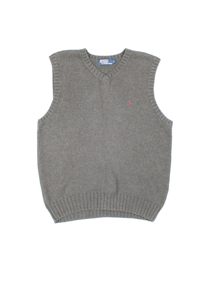 Vintage Ralph Lauren knit sweater vest in a grey colourway, with a v neck and small Ralph Lauren logo embroidered on the front. 