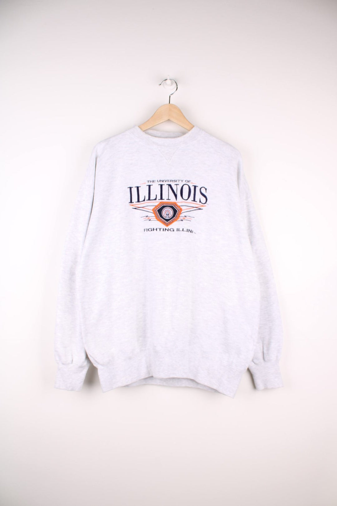 University of Illinois 'Fighting Illini' sweatshirt in grey with embroidered blue and orange spellout and crest logos. 