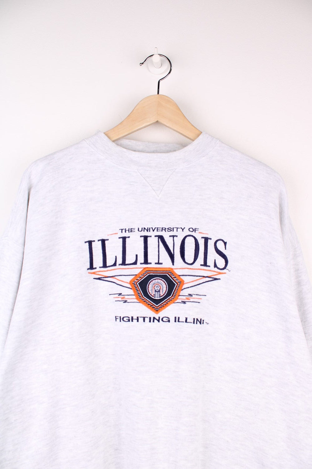 University of Illinois 'Fighting Illini' sweatshirt in grey with embroidered blue and orange spellout and crest logos. 