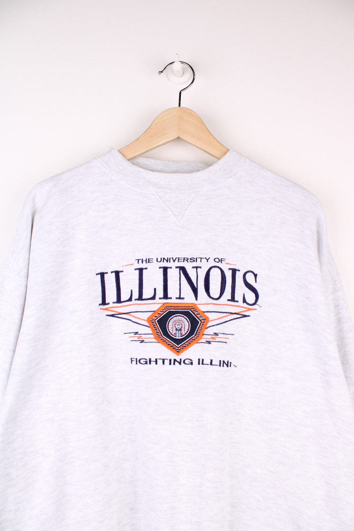 University of Illinois 'Fighting Illini' sweatshirt in grey with embroidered blue and orange spellout and crest logos. 