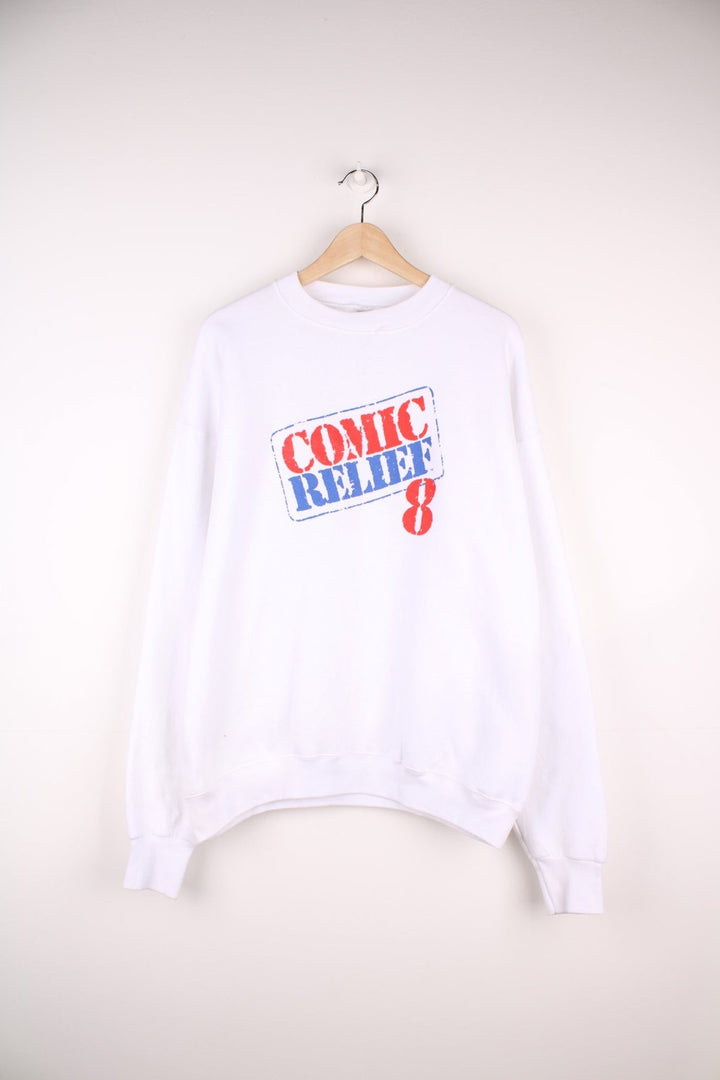 1998 Comic Relief 8 sweatshirt with logo graphic on the front and names of guests on the back including Robin Williams, Whoopi Goldberg and Billy Crystal.