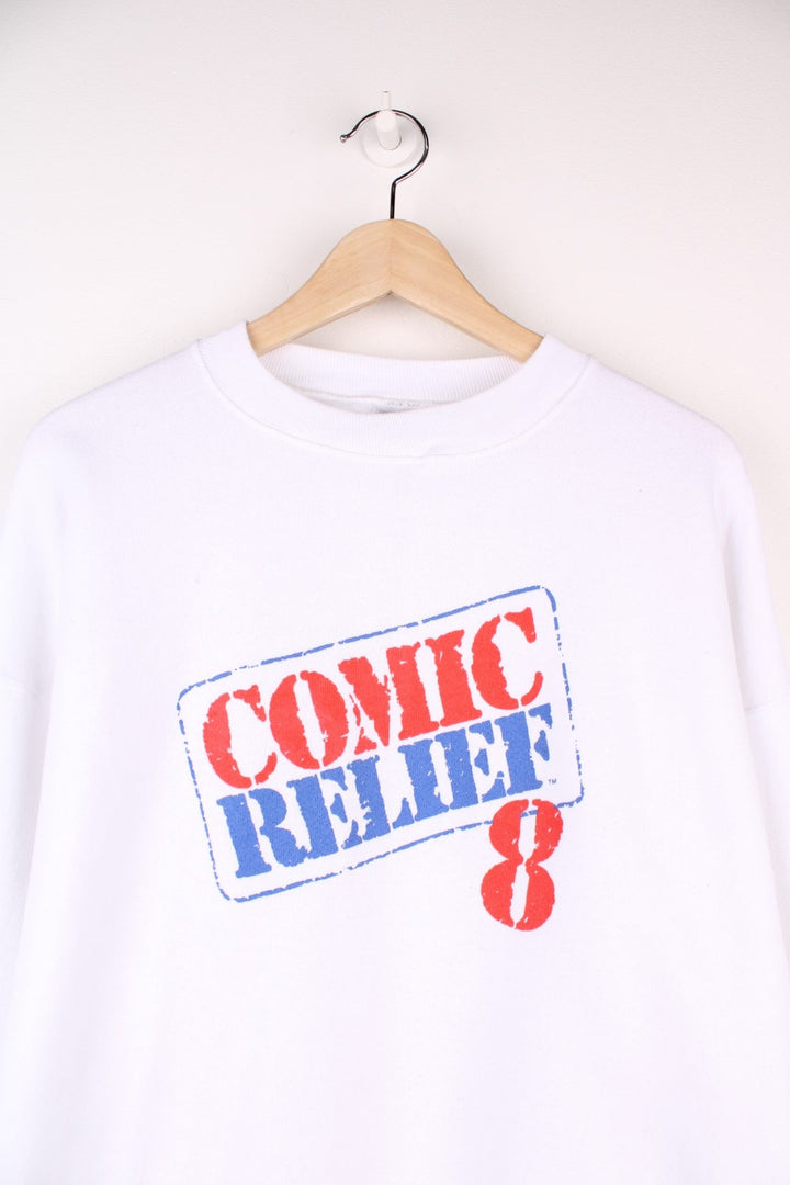 1998 Comic Relief 8 sweatshirt with logo graphic on the front and names of guests on the back including Robin Williams, Whoopi Goldberg and Billy Crystal.