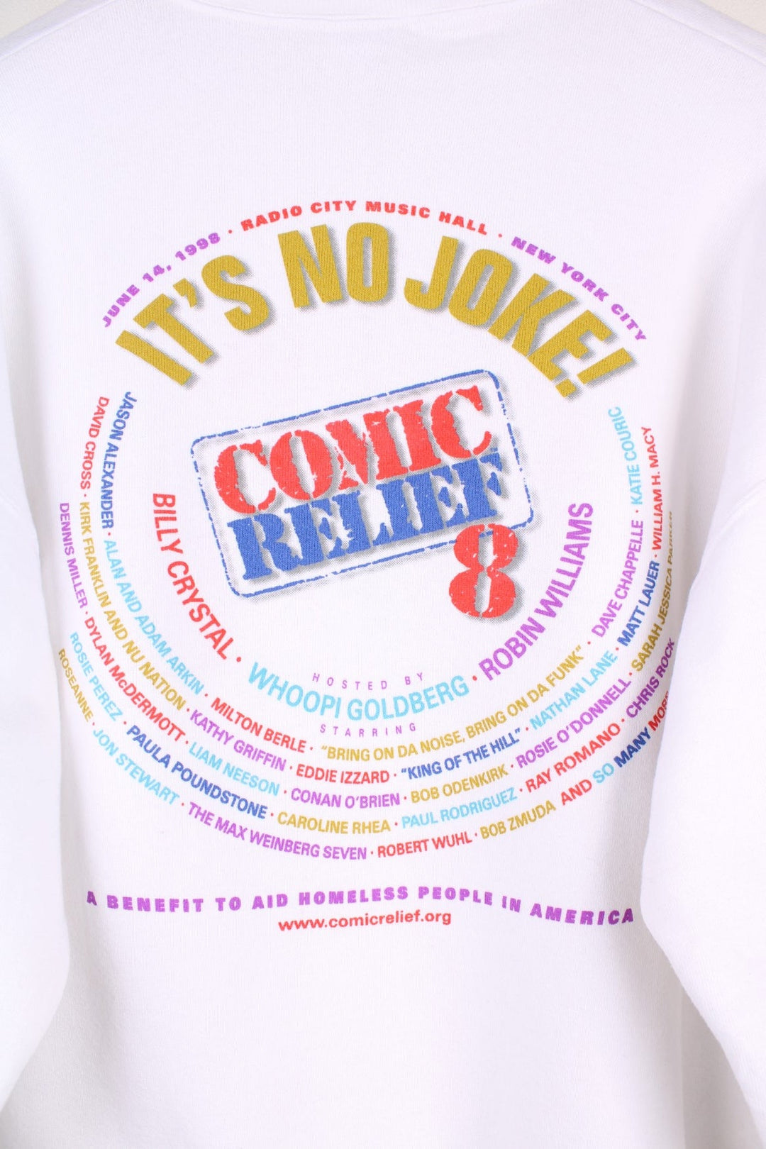 1998 Comic Relief 8 sweatshirt with logo graphic on the front and names of guests on the back including Robin Williams, Whoopi Goldberg and Billy Crystal.