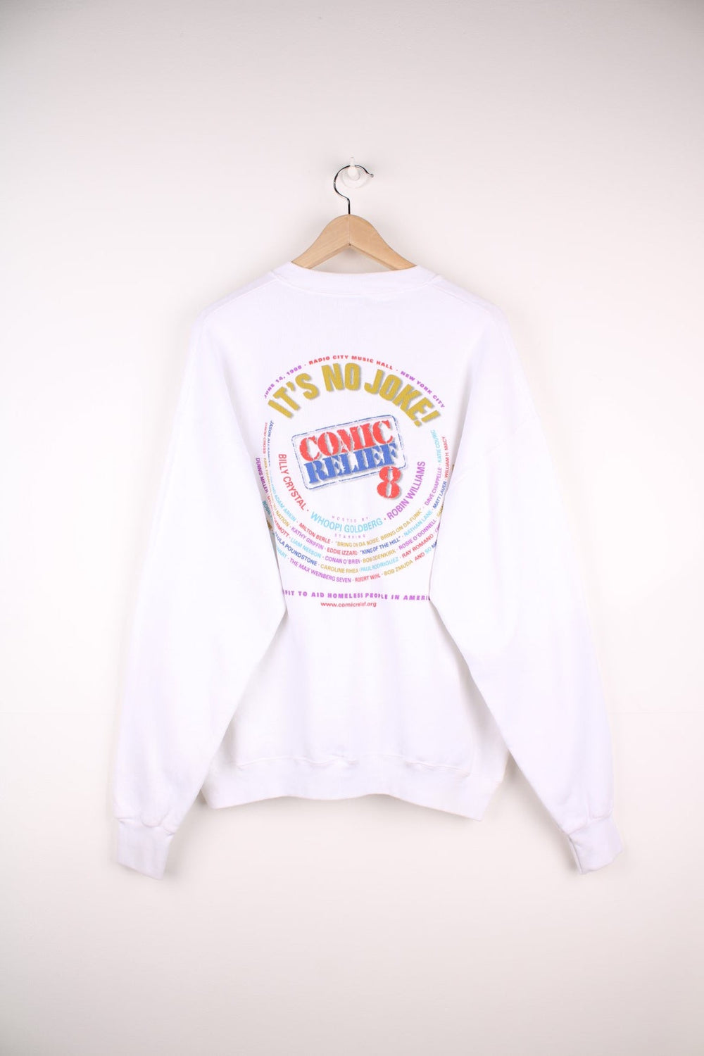 1998 Comic Relief 8 sweatshirt with logo graphic on the front and names of guests on the back including Robin Williams, Whoopi Goldberg and Billy Crystal.