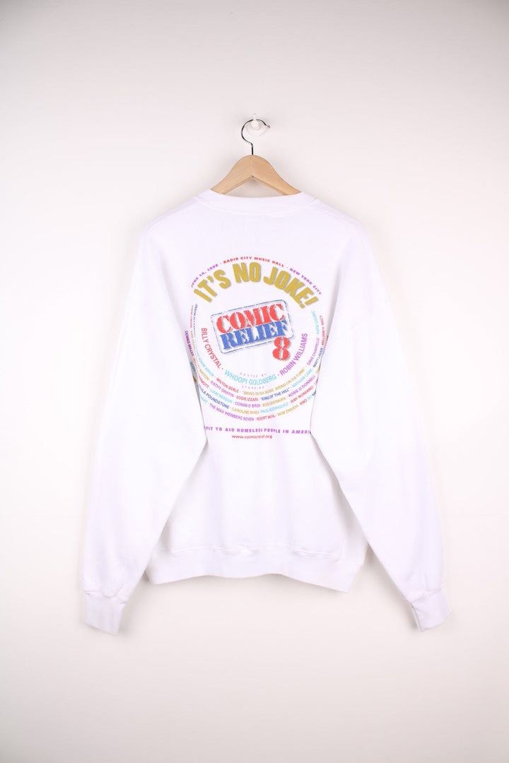 1998 Comic Relief 8 sweatshirt with logo graphic on the front and names of guests on the back including Robin Williams, Whoopi Goldberg and Billy Crystal.