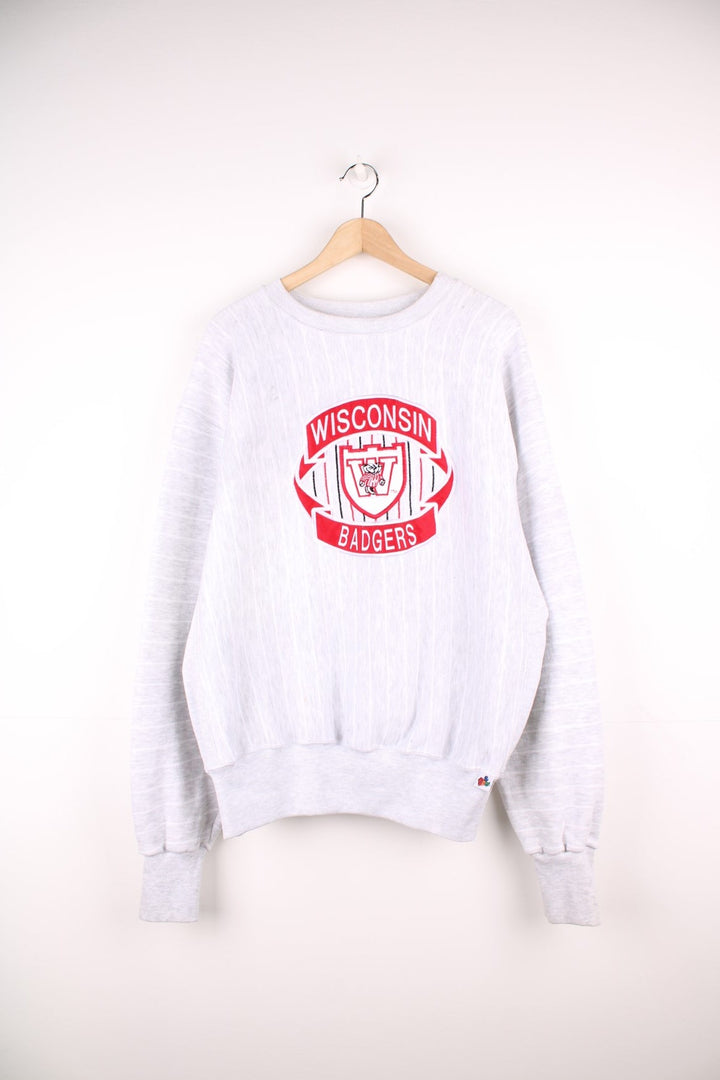 Wisconsin Badgers grey sweatshirt with red embroidered logo on the front.