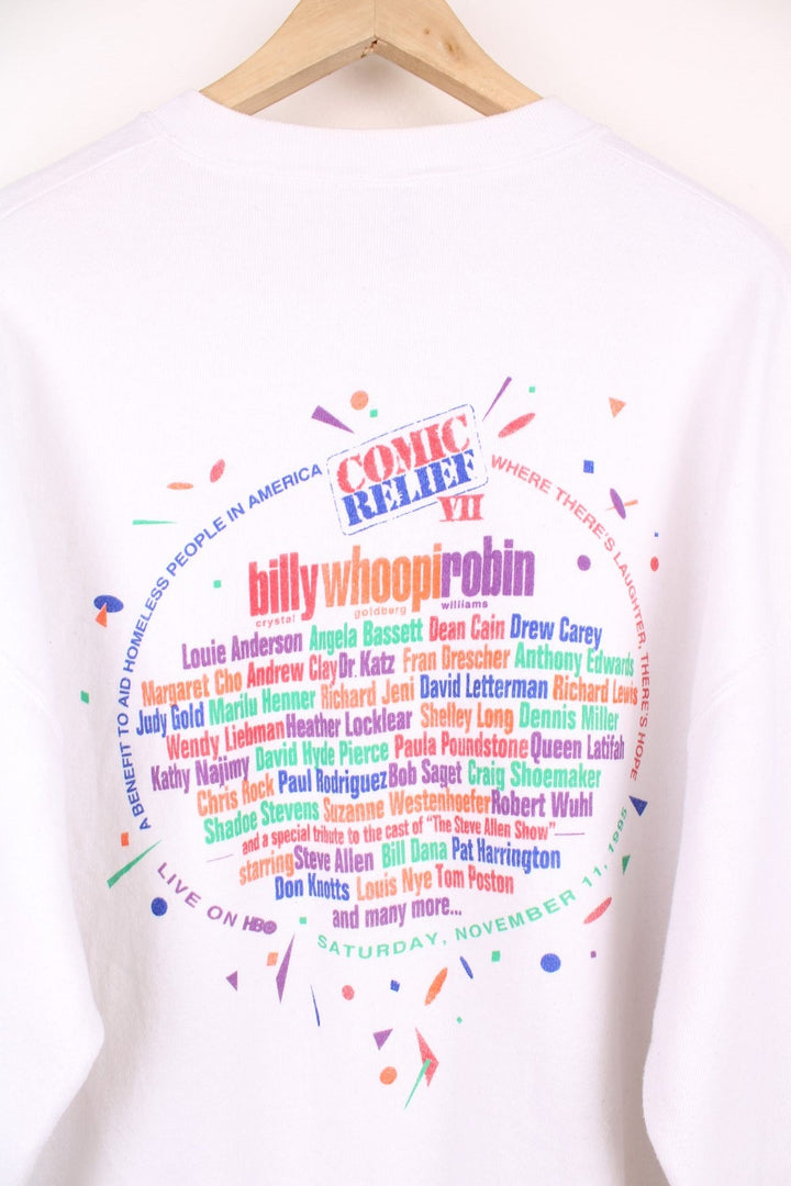 Comic Relief VII sweatshirt with stamp-effect logo in red and blue on the front, and a multicoloured cast-list on the reverse.