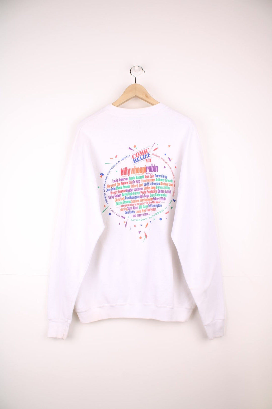 Comic Relief VII sweatshirt with stamp-effect logo in red and blue on the front, and a multicoloured cast-list on the reverse.